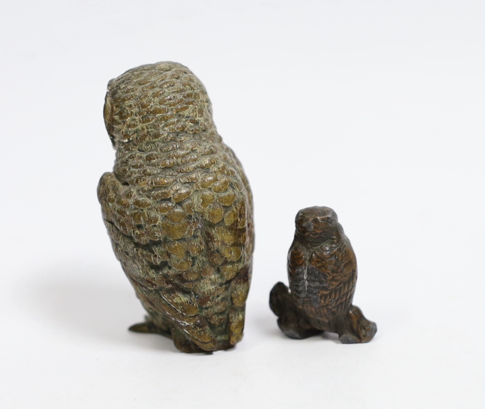 An Austrian cold painted bronze model of an Owl and a similar smaller metal owl, bronze owl 6cm high